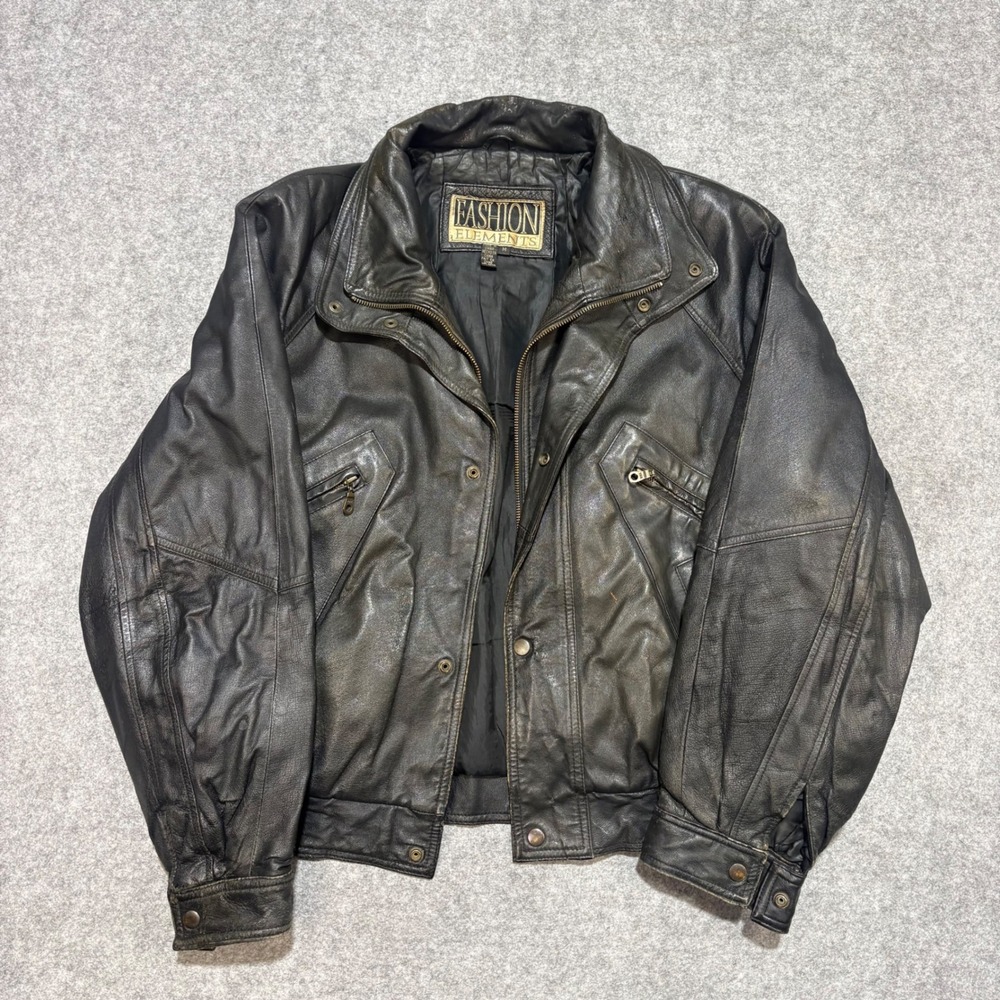 Vintage Fashion Elements Mens Black Leather Bomber Jacket Distressed Size M